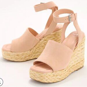 Marc Fisher LTD Nelly Ankle-Strap Suede Wedge Espadrilles Pale Blush Size 10